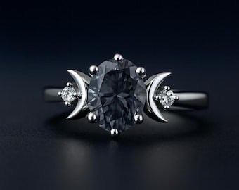 Bague de fiançailles en moissanite grise Bague de mariage en moissanite trois pierres, 2,00 cts, bague en moissanite taille ovale, bague d'anniversaire en diamant pour femme