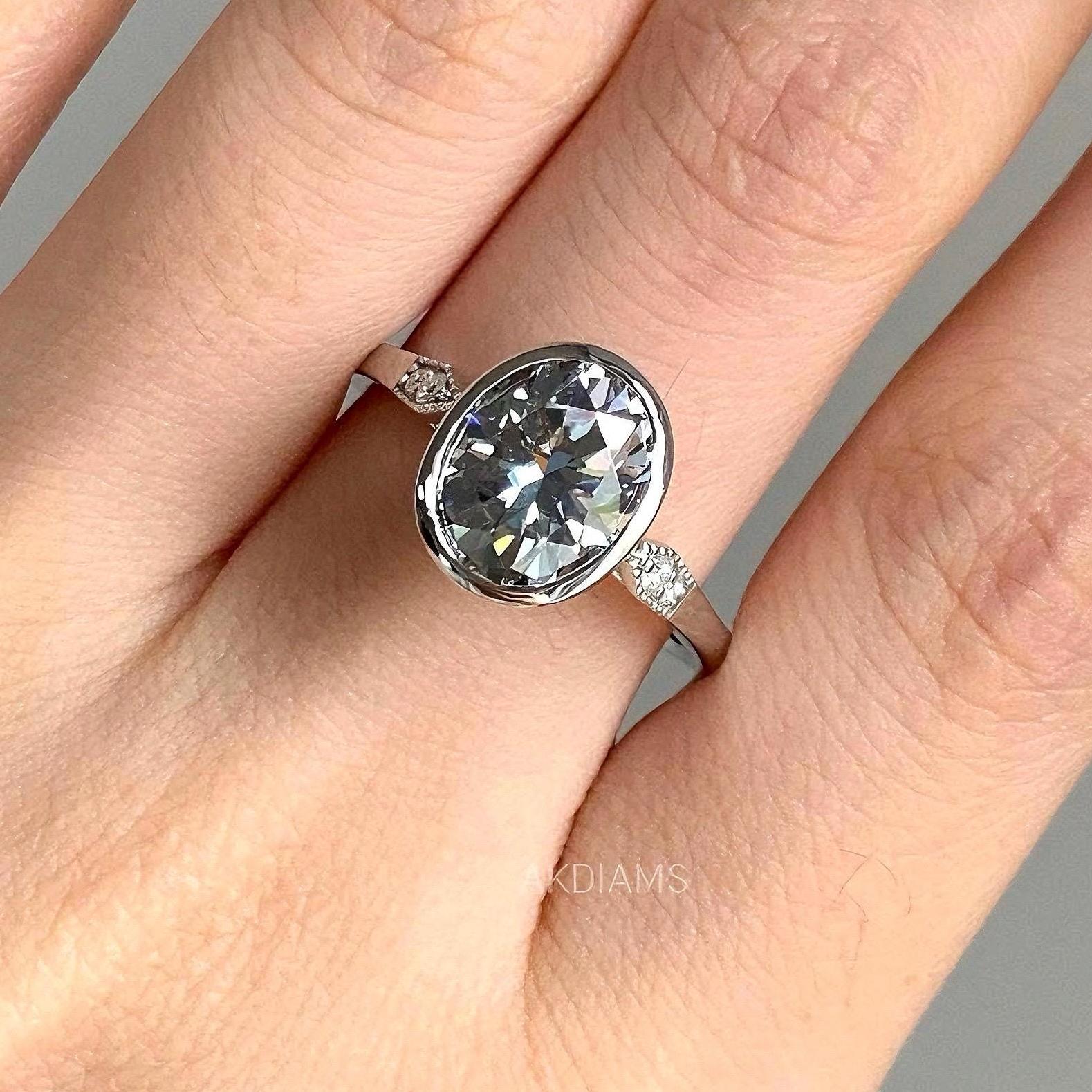 Oval Cut 3 Stone Bezel Ring - Moissanite Engagement Ring - 3.00 Ctw Grey Moissanite Ring - Bezel Set Diamond Ring - Timeless Diamond Gift