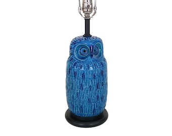 Mid-Century Modern Aldo Londi for Bitossi Lamp Rimini Blue Pottery Owl Lamp Bedroom Desk Size