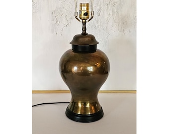 Small Vintage Solid Cast Brass Asian Urn Table Lamp with Heavy Patina by Chapman Bedroom or Desk Size