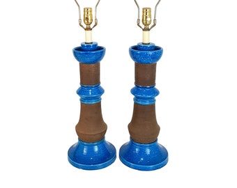 Pair Mid-Century Modern Bitossi Lamps Rimini Blue Pottery