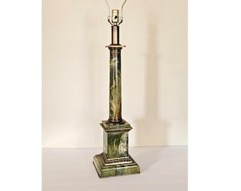 Vintage Paul Hanson Green Faux Marble Lacquered Wood Neoclassical Column Lamp