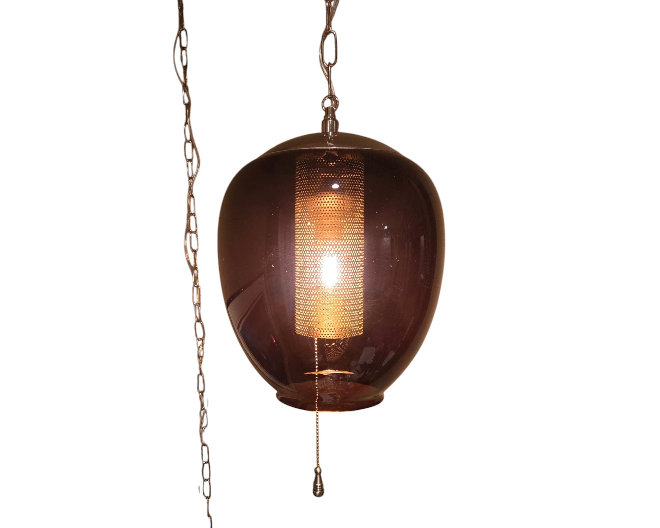 Mid-Century Space Age Modern Amethyst Swedish Glass Hanging Swag Lamp Minimalist