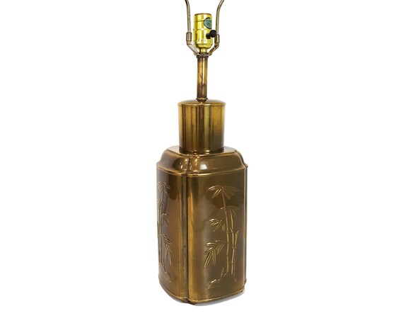 Tyndale Brass Plated Asian Canister Table Lamp Vintage Chinoiserie Wood Base