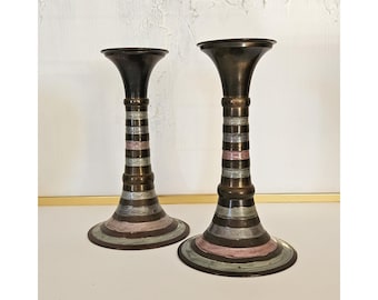 SET 2 Pair Rosenthal Netter Heavy Enameled Brass Candle Holders Candlesticks 1970s Postmodern Silver & Violet Stripes