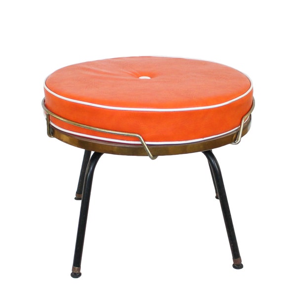 Retro Spinning Ottoman Foot Stool Orange Naugahyde Mid-Century Modern RESERVE