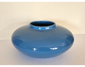 BIG Vintage Low Profile Blue Glaze Round Pottery Vase 1980s Art Deco Revival American Ceramic
