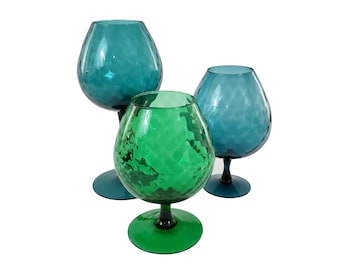 Set of 3 Mid-Century Modern Italian Glass Snifter Vases Blue Green Murano Diamond Optic