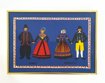 Vintage Framed Danish Tapestry Blue with Male Female Figures Amager Nordfalster Denmark Traditional Folk Dress