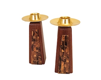 PAIR Mid-Century Modern Mosaic Carved Olive Wood & Anodized Aluminum Candle Holders Made in Israel