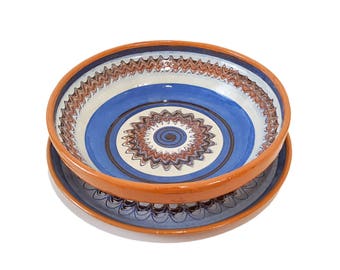 Mid-Century Modern Austrian Pottery Decorative Bowl and Plate Folk Art