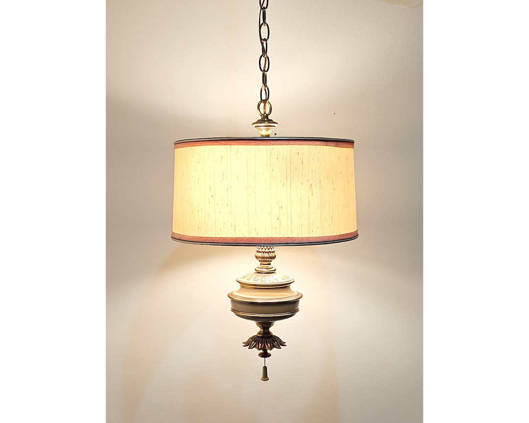 Hollywood Regency Stiffel Brass Hanging Swag Lamp With Silk Shade