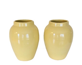 Pair Early 20th Century 15" Yellow Glaze Stoneware Arts and Crafts Floor Vase Mission Style Pottery Robinson Ransbottom