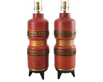 Pair Mid-Century Asian Modern Red Black Gold FAIP Greek Key Plaster Tripod Lamps