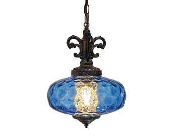 Mid-Century Hollywood Regency Italian Blue Diamond Optic Glass Hanging Swag Lamp