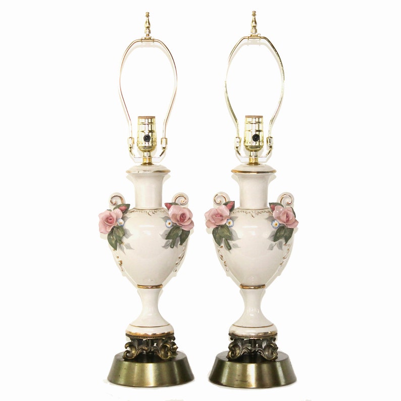 PAIR Antique HandPainted Porcelain Lamps by Cordey . Cottage Etsy