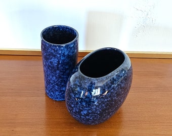 Pair Antique Arts and Crafts Vases Mottled Cobalt Blue Ovoid and Cylinder