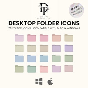 Modern Neutral Aesthetic Folder Icons for Desktop | 20 Soft Pastel PNG + ICO Icons | Mac & Windows Compatible + Bonus Notes Template PDF