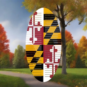 May include: An oval-shaped design featuring the Maryland state flag, with a quartered pattern of red and white crosses, and black and gold diagonal stripes. The design is set against a backdrop of a park with trees and a walking path.