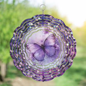 10” Purple Butterfly Wind Spinner – Sparkly Purple Background – Garden or Indoor Decor – Metal Kinetic Spinner – Gift for Butterfly Lover