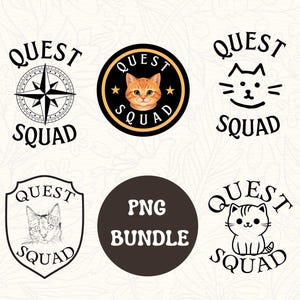 Op de afbeelding: Een set van zes zwart-wit digitale illustraties met de tekst "Quest Squad" en verschillende afbeeldingen, waaronder een kompas, een kat en een kat met een hart. De tekst "PNG Bundle" is ook inbegrepen in de set.