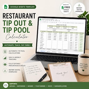 May include: A Google Sheets template for a restaurant tip out and tip pool calculator displayed on a laptop screen. The digital interface shows columns for server names, sales, and tip calculations. A notebook, pen, and guest check are nearby.