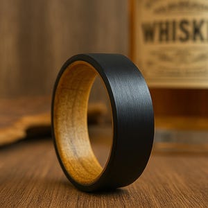 6mm Brushed Black Tungsten Ring with Whiskey Barrel Wood Interior – Unisex Wedding Band | Whiskey Wood Ring | Gift for Him or Her
