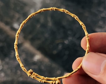 18K Gold Elastic Memory Bamboo Bangle • Fine Minimal Bracelet • Chic Jewelry Gift