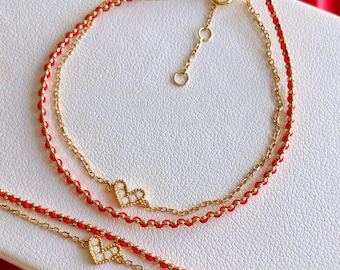 18K Gold Diamond Minimalist Love Bracelet, Lucky Red String Bracelet, Everyday Chic Wristlet