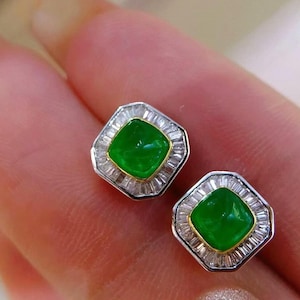 18K Gold Natural Emerald and Diamond Stud Earrings, 1.4ct South African Diamond, Solid Gold Fine Jewelry, Elegant Gift for Women