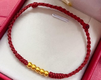 24K Gold Bead Red String Bracelet • Lucky Five Blessings • Triple Life Design
