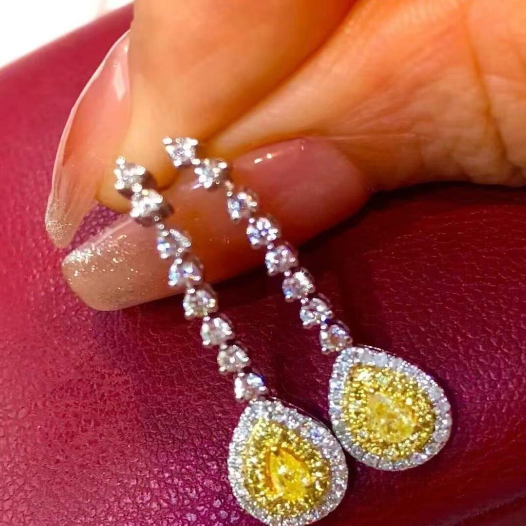 18K Gold Yellow Diamond Drop Earrings: South African 1ct Dangle Studs ...