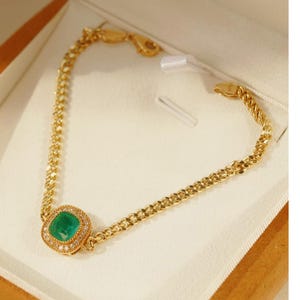 Emerald Gold Bracelet – 1.2 –1.4 ct Emerald, Cuban Chain with Diamond Accents