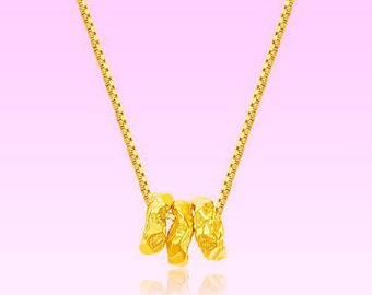 24K Gold Fortune Pendant, 999 Pure Gold Crushed Bead Wealth Necklace Birthday Gift for Girlfriend, Free Silver Chain Included
