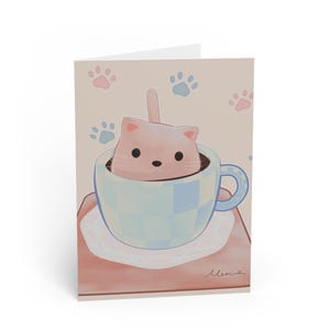 Cozy Kitty Tea Cup Greeting Card for Birthday, any occasion, cat lover, animal lover, cute card, original art work, gift, cute cat card