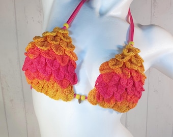 DragonScales Bikini Top, Festival Top, Rave Bra: “The Orange / Pink colored” (3) Handmade by Mimi