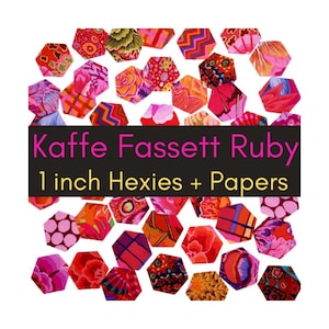 May include: A collection of colorful, patterned fabric hexagons, each approximately 1 inch in size, arranged against a white background. The text "Kaffe Fassett Ruby 1 inch Hexies + Papers" is displayed on a black banner.
