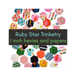 May include: A collection of colorful, patterned 1-inch hexies and papers. The image features a variety of designs, including floral, geometric, and abstract patterns in shades of red, blue, yellow, and green. Text on a dark background reads "Ruby Star Trinketry 1 inch hexies and papers."