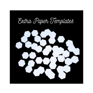 May include: A black background with the text "Extra Paper Templates" in white script. Scattered across the image are numerous white, hexagonal paper templates, suggesting a craft or design project.