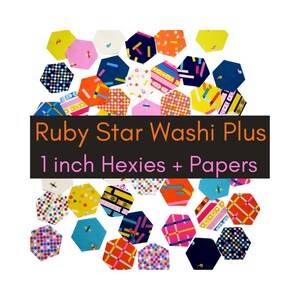May include: A collection of colorful, patterned 1-inch hexagonal paper pieces. The image features a variety of designs, including stripes, polka dots, and geometric shapes. Text on the image reads "Ruby Star Washi Plus 1 inch Hexies + Papers."