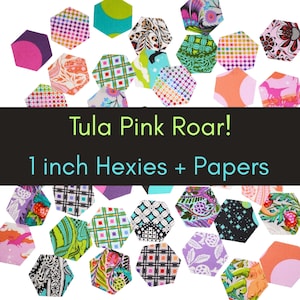42 precut hexagons Tula Pink Roar! hexies 1 inch die cut assortment, plus paper templates English Paper Piecing, EPP