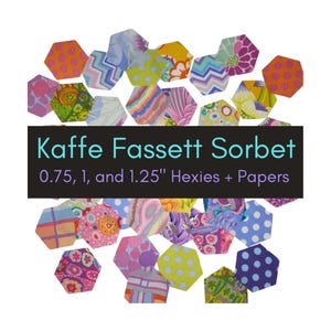 May include: A collection of colorful, patterned fabric hexies in various sizes, including 0.75, 1, and 1.25 inches. The hexies are arranged against a white background, with the text "Kaffe Fassett Sorbet" displayed on a black banner.