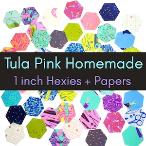 42 precut hexagons Tula Pink Homemade hexies 1 inch die cut assortment, plus paper templates English Paper Piecing, EPP rare