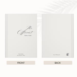 Puede incluir: Un libro blanco con las palabras "The Officiant" en escritura elegante en la portada, junto con el nombre Mathew Smith. La contraportada tiene las palabras "Love, Witnessed."