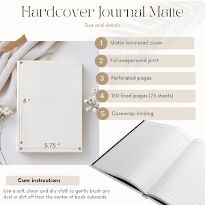 Puede incluir: Un diario de tapa dura mate blanco, que mide 20,3 cm x 14,6 cm. Incluye una cubierta laminada mate, impresi&oacute;n envolvente completa, p&aacute;ginas perforadas, 150 p&aacute;ginas rayadas y encuadernaci&oacute;n casewrap. El diario est&aacute; abierto para mostrar las p&aacute;ginas rayadas.