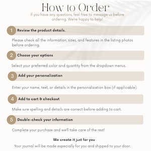 Puede incluir: Un gr&aacute;fico beige titulado "C&oacute;mo ordenar" con pasos numerados para comprar un producto. Las instrucciones incluyen revisar los detalles, elegir opciones, agregar personalizaci&oacute;n, agregar al carrito y verificar la informaci&oacute;n.
