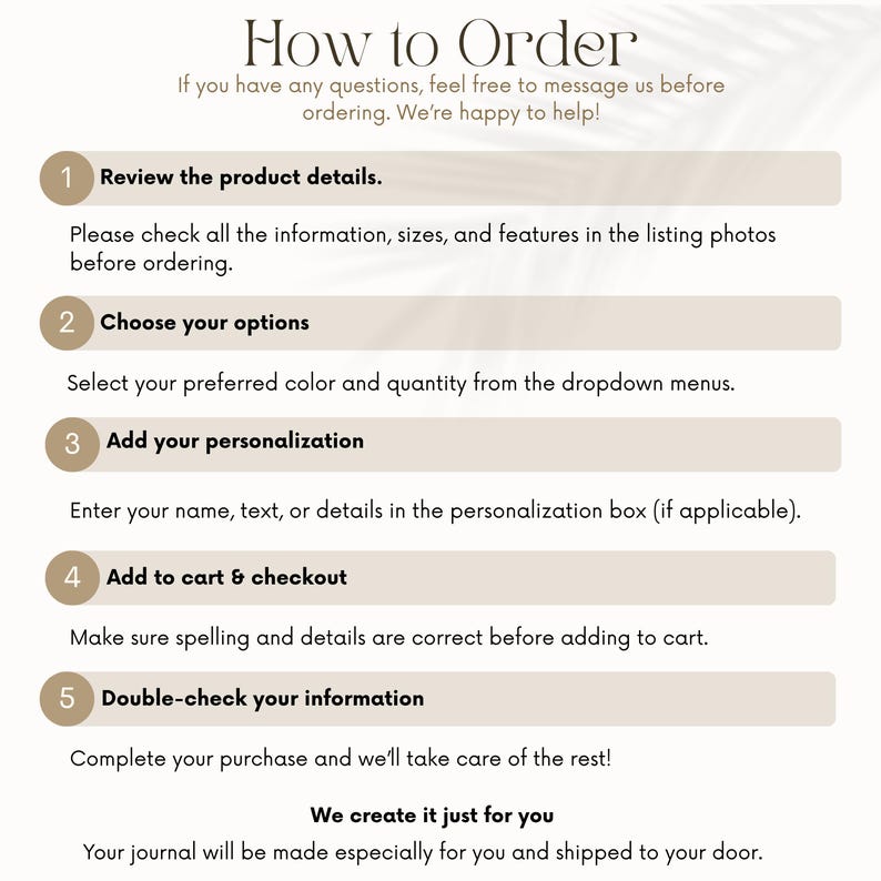 Puede incluir: Un gr&aacute;fico beige titulado "C&oacute;mo ordenar" con pasos numerados para comprar un producto. Las instrucciones incluyen revisar los detalles, elegir opciones, agregar personalizaci&oacute;n, agregar al carrito y verificar la informaci&oacute;n.