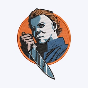 May include: Embroidered patch featuring a stylized image of a character holding a knife. The character is depicted with a white mask, blue clothing, and brown hair, set against an orange circular background. The patch is likely for apparel or accessories.