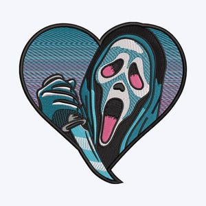 May include: Embroidered patch featuring a Scream mask holding a knife, set within a heart shape. The mask is light blue with pink accents, a black hood, and a white face. The heart has a blue and purple striped background.