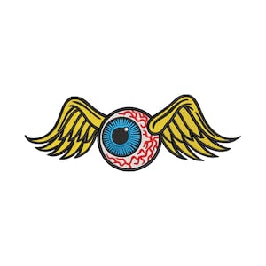 Puede incluir: Parche bordado con un ojo estilizado con iris azul, venas rojas y pupila negra, flanqueado por alas amarillas. El diseño está sobre un fondo blanco, creando un contraste visual llamativo. Ideal para chaquetas, bolsos u otros artículos de tela.